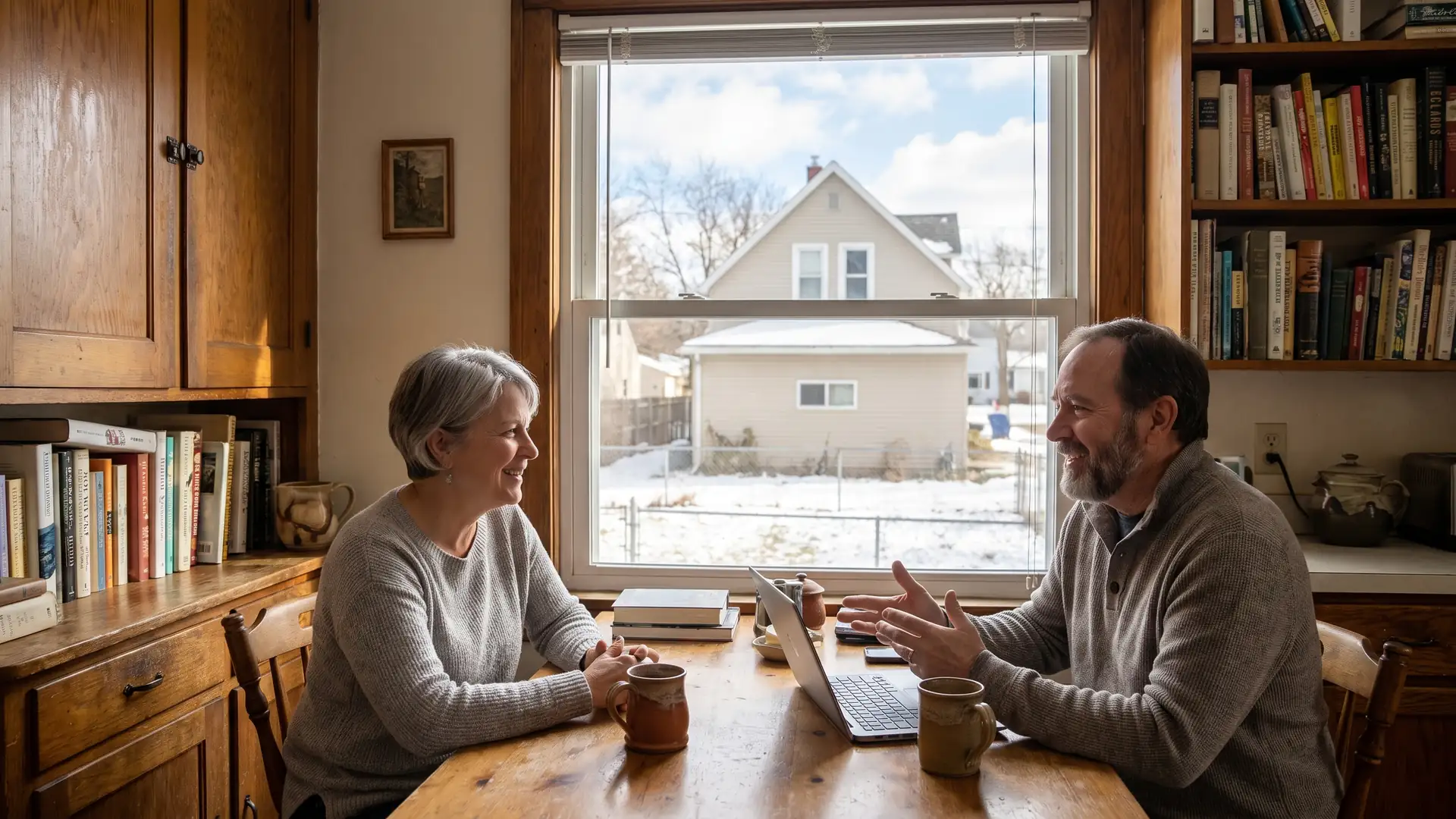 Couple in their fifties reviewing options at a kitchen table while planning how to use home equity wisely