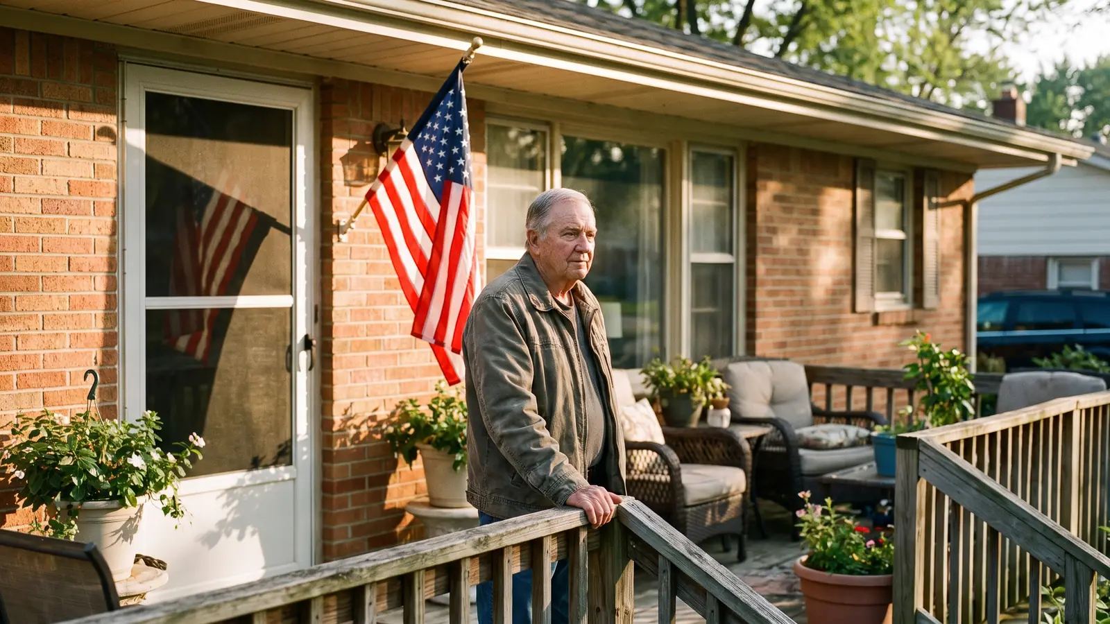 Veteran on the porch of a Michigan ranch home considering a VA interest rate reduction refinance loan