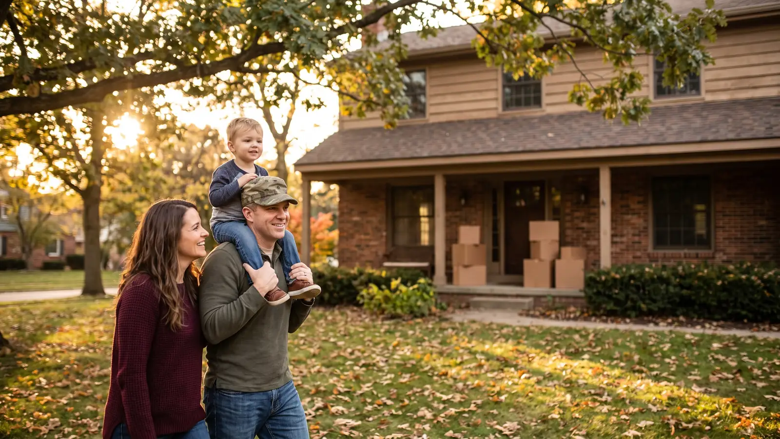 Veteran family moving into a Michigan home bought with VA loan benefits, boxes stacked on the porch
