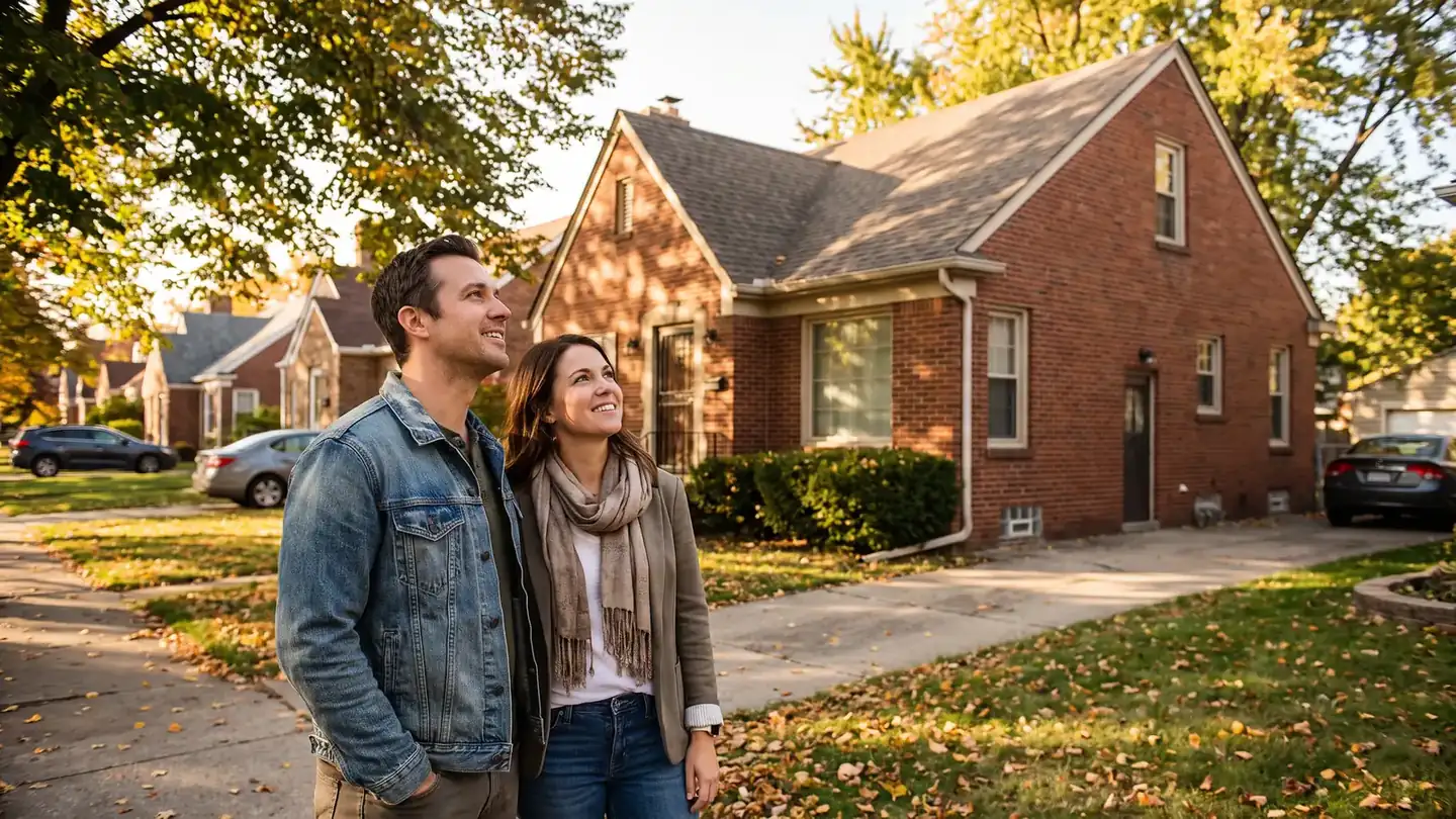 Service member and agent inspecting a Michigan brick bungalow while planning a VA loan purchase