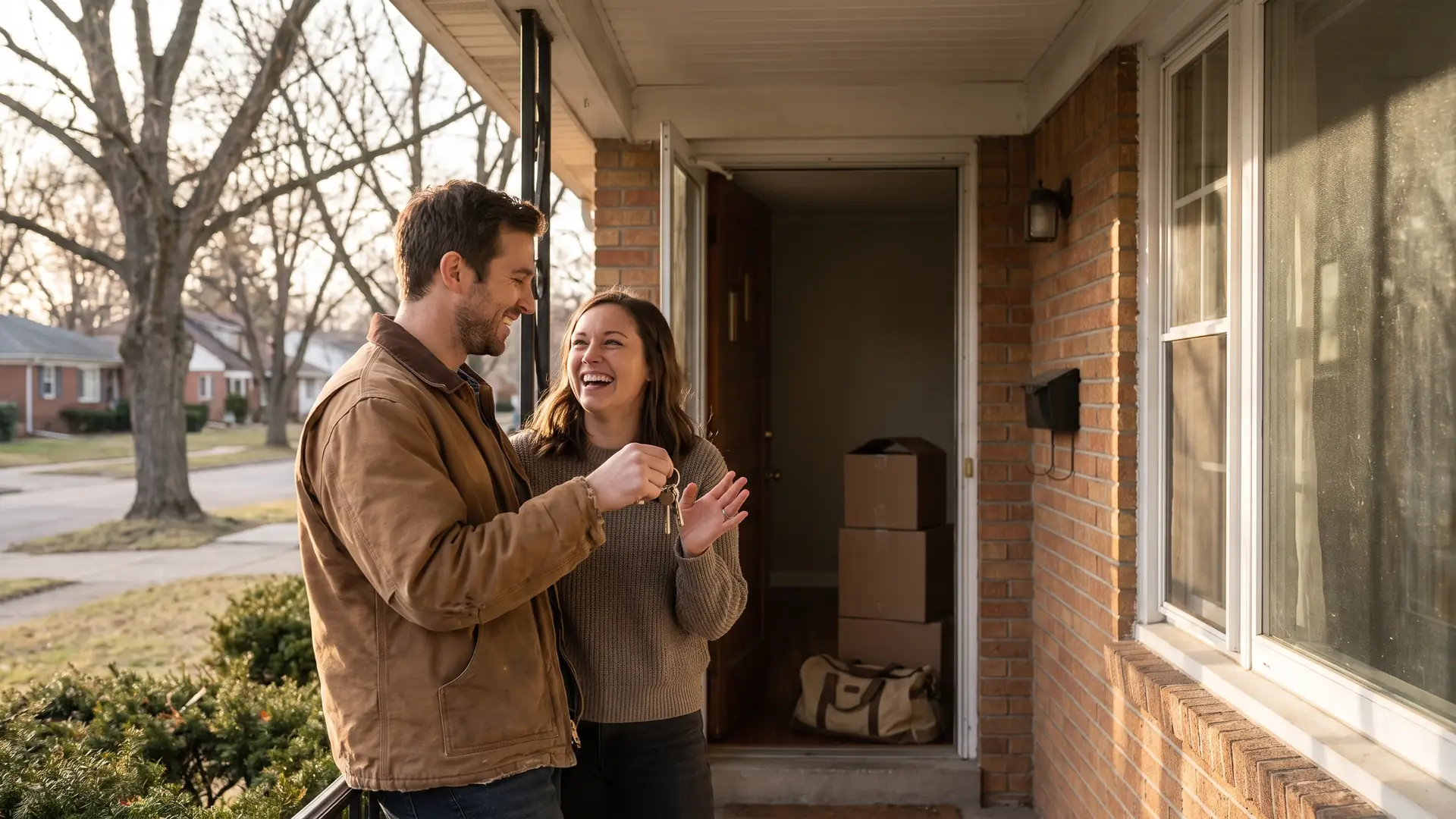 Veteran and his partner standing on the front porch of a Michigan brick ranch home with moving boxes behind them
