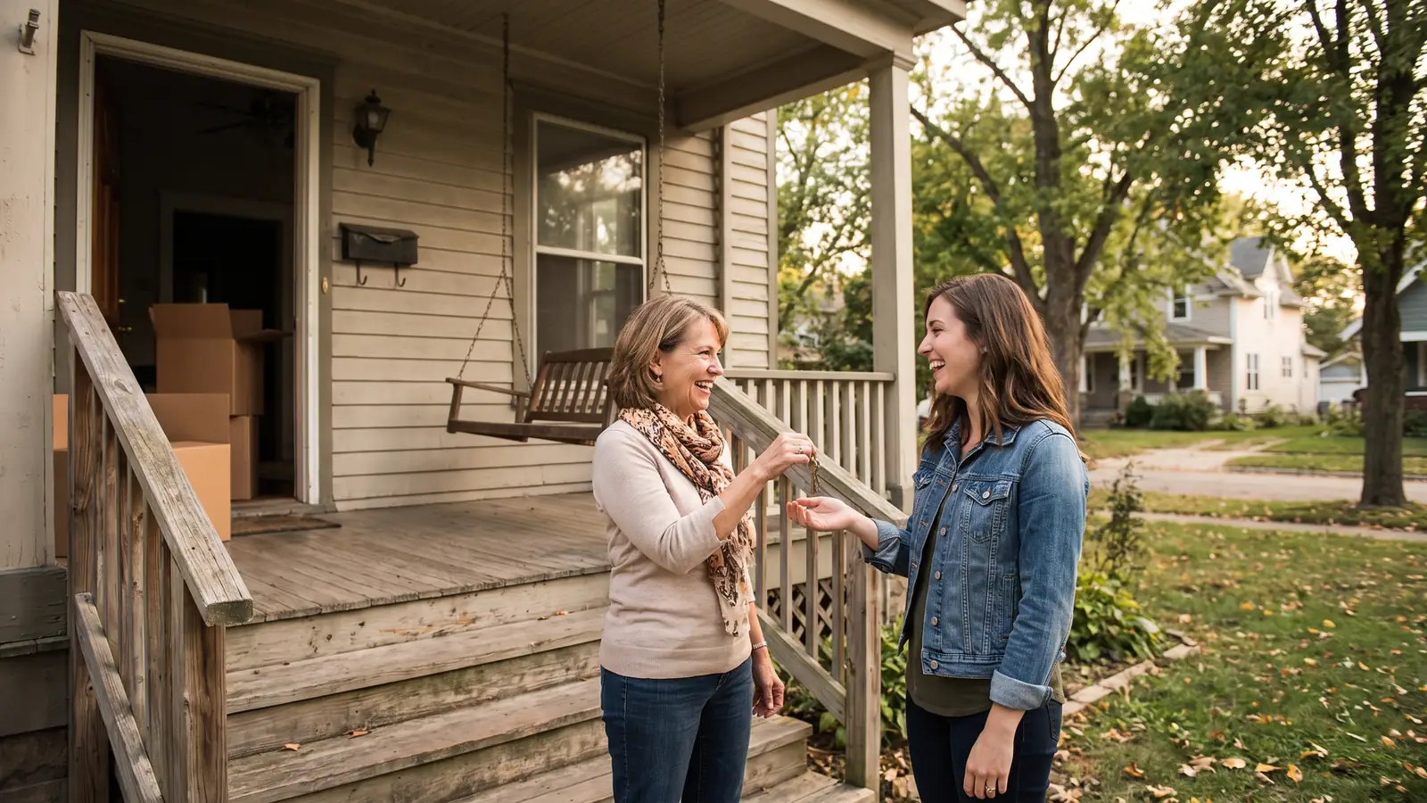 Seller handing house keys to a buyer on the front steps, illustrating a home sale using an assumable mortgage