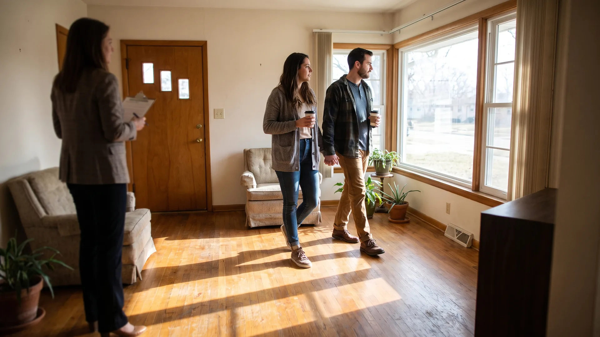 Couple touring an empty home unhurried, illustrating what a balanced housing market feels like for buyers