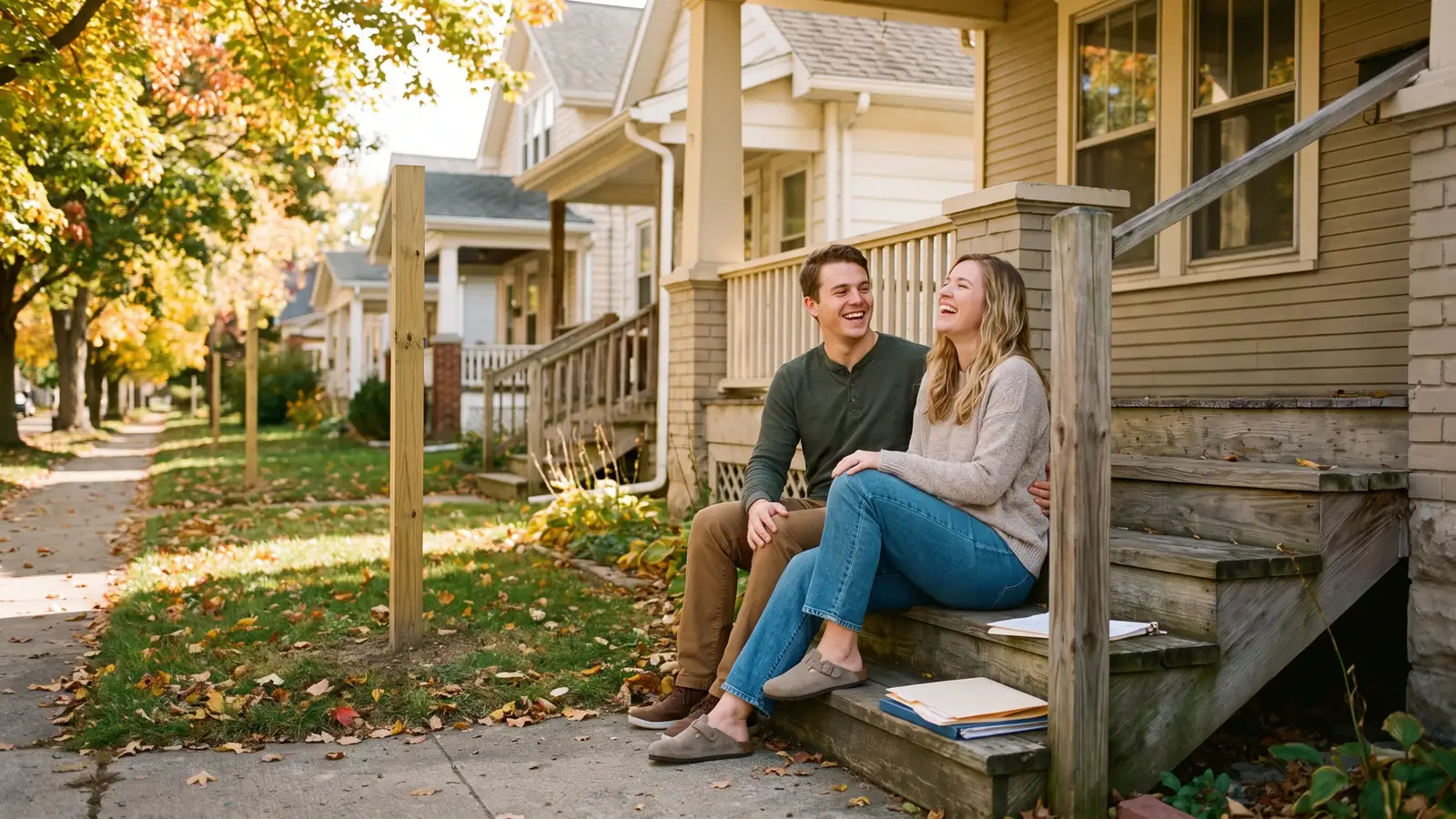 Couple taking their time deciding on a home in autumn, illustrating a buyer's market in real estate