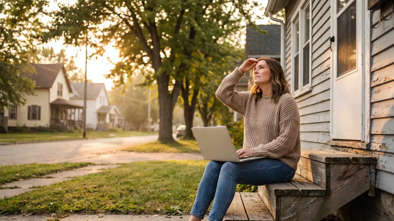 Investor on porch steps with a laptop, evaluating cash-on-cash return on a rental property