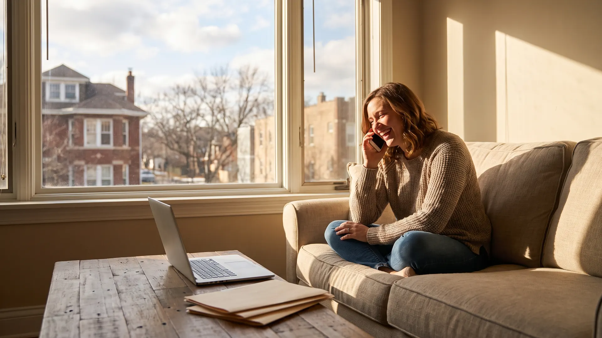Borrower on the phone with her broker deciding when to set a mortgage rate lock
