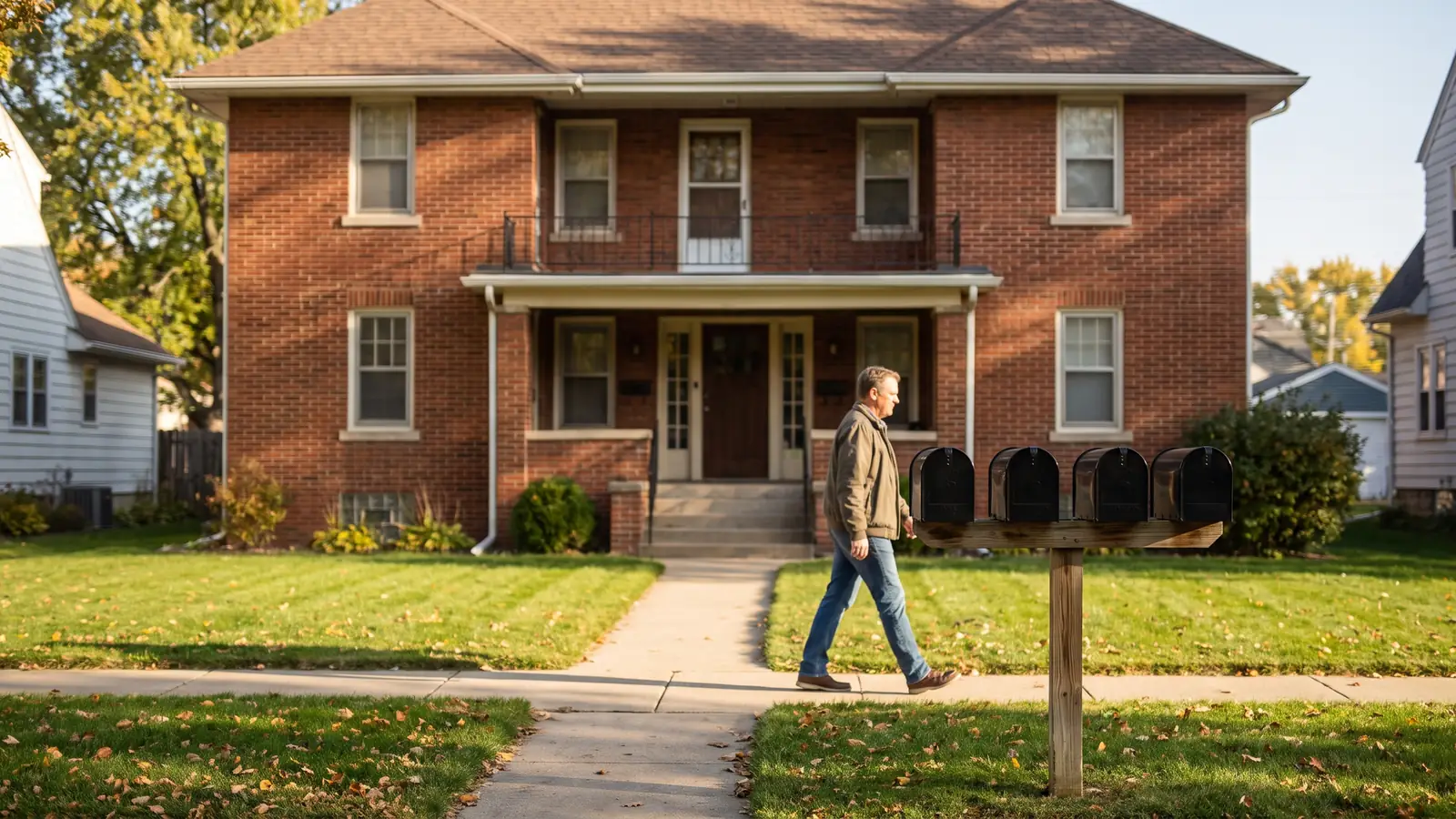 Owner approaching a small brick fourplex, a property type analyzed using net operating income