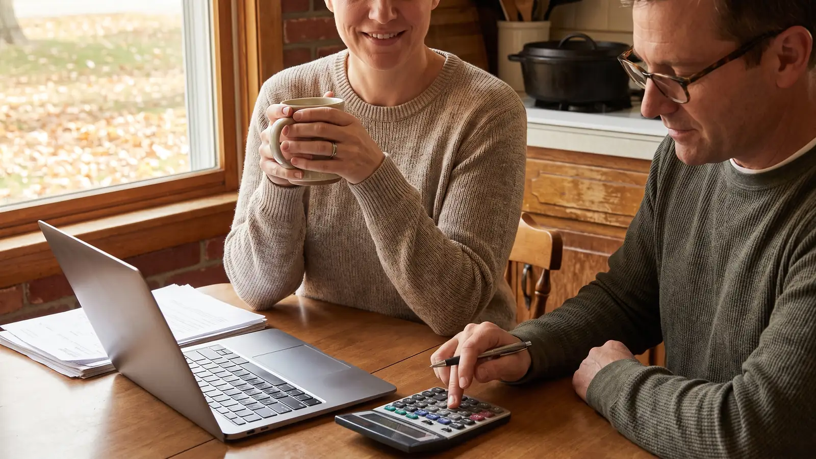 Homeowners at a kitchen table using a calculator to weigh a no-closing-cost refinance against paying costs upfront