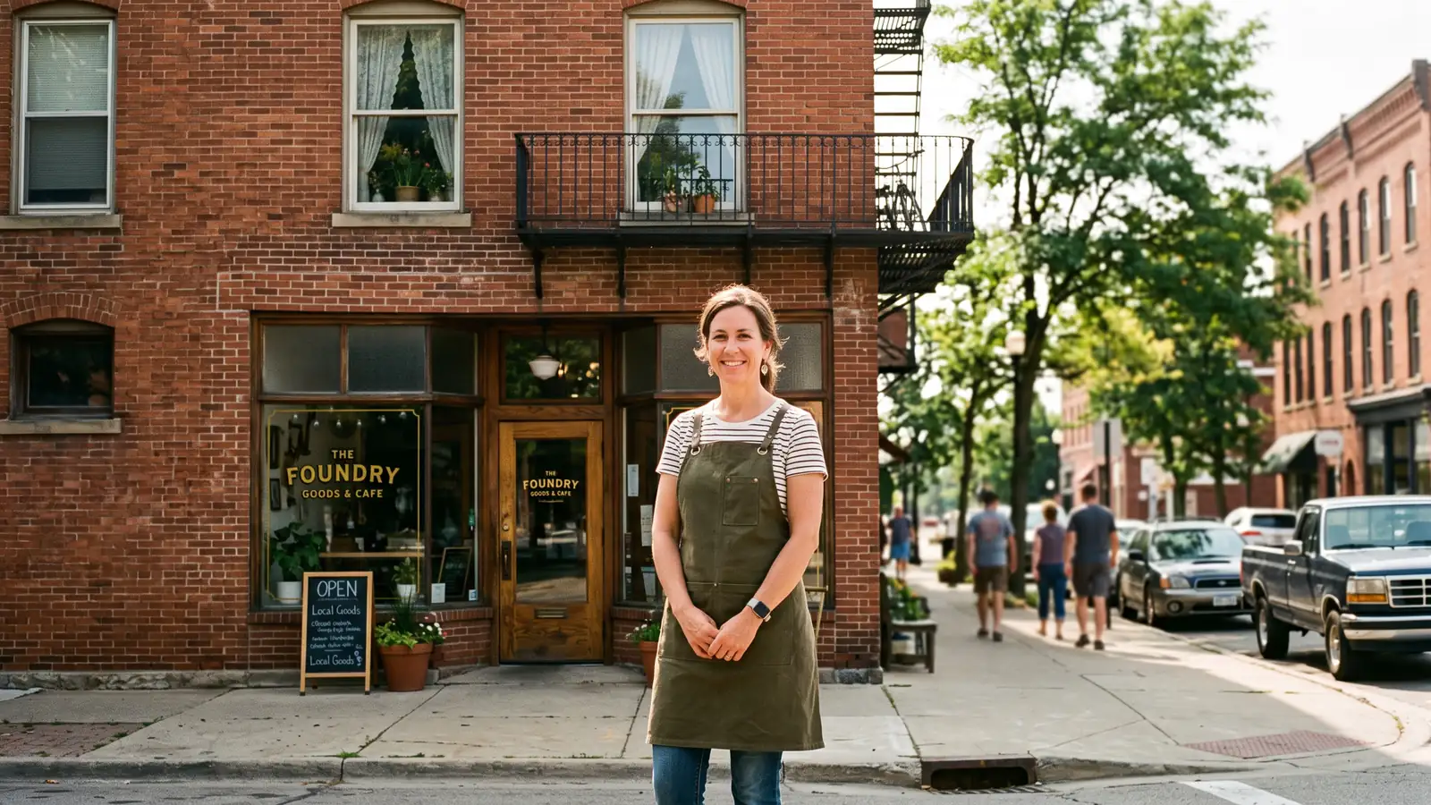 Owner outside a Michigan mixed-use brick building, the kind of property that often needs a portfolio loan
