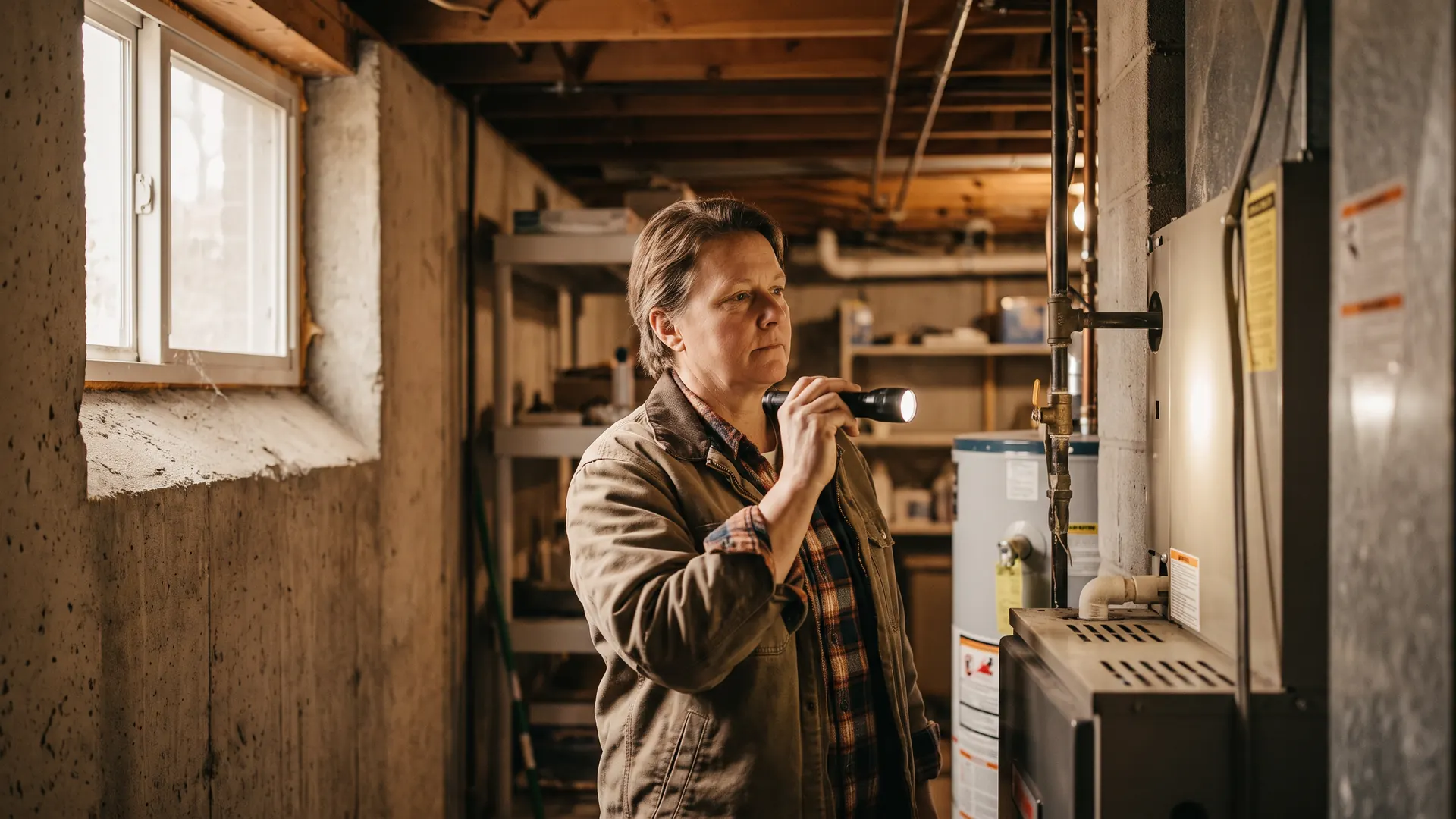 Homeowner inspecting a basement foundation wall while preparing an honest seller's disclosure before listing a Michigan home