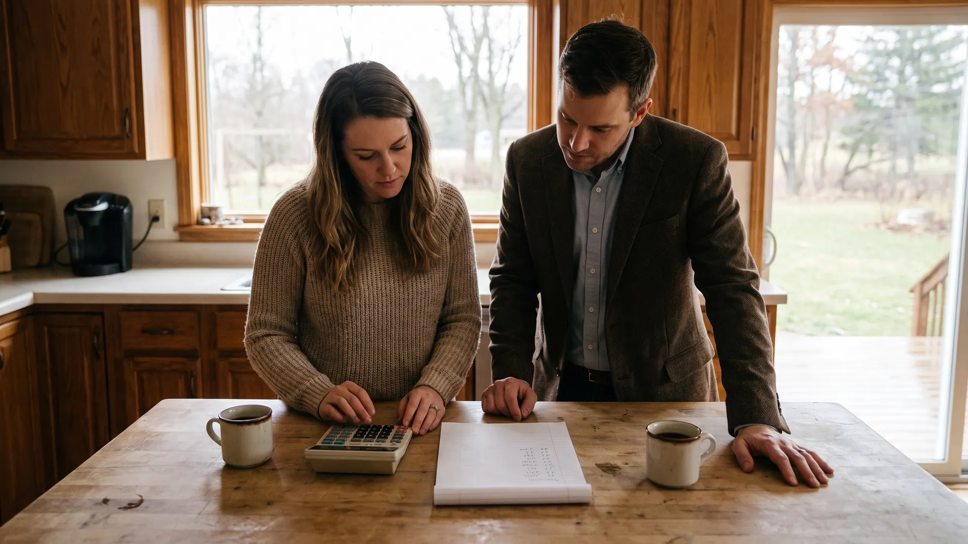 Seller and agent working through a seller's net sheet with a calculator at a bright Michigan kitchen counter
