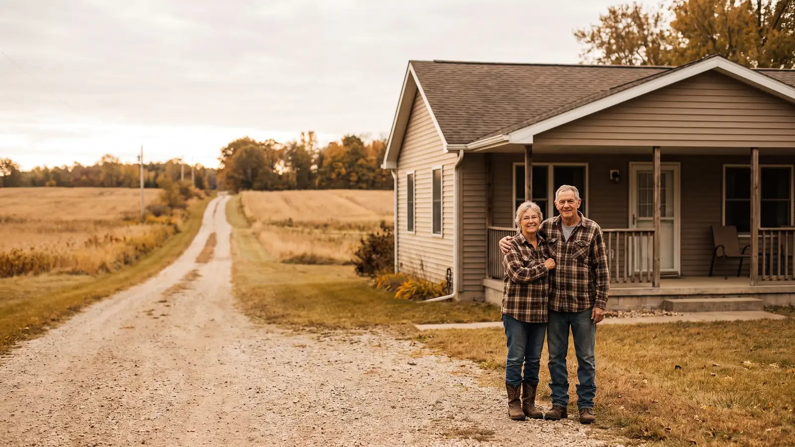 Older couple in the yard of their rural Michigan ranch home beside a gravel road and open field