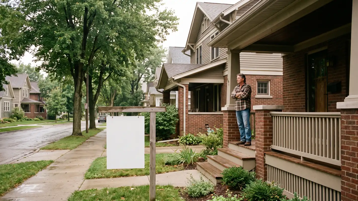 Homeowner on the porch of an unsold Midwestern house considering what to do if your home doesn't sell