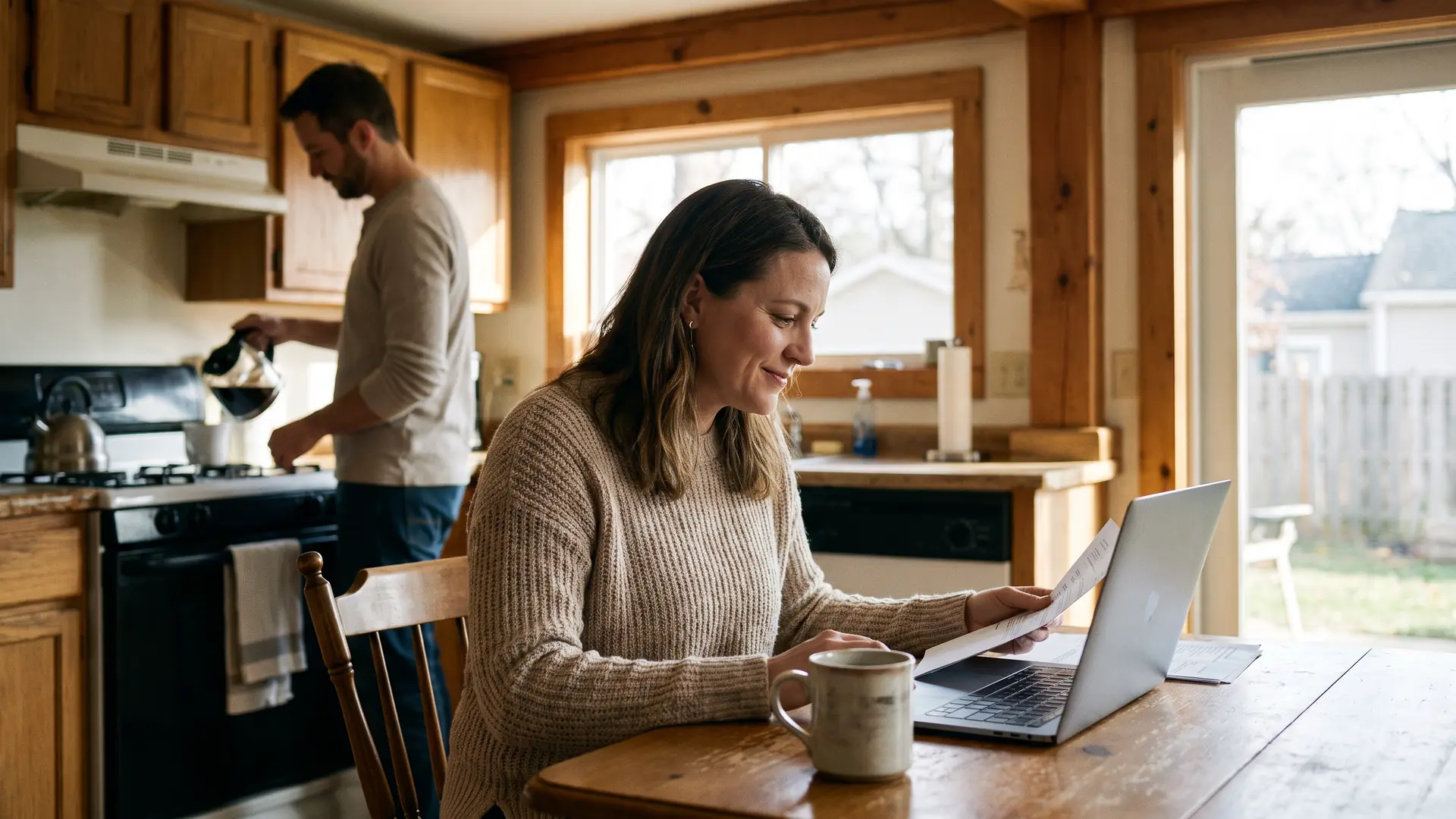 Woman reviewing her finances at a kitchen table while preparing her credit score to buy a house