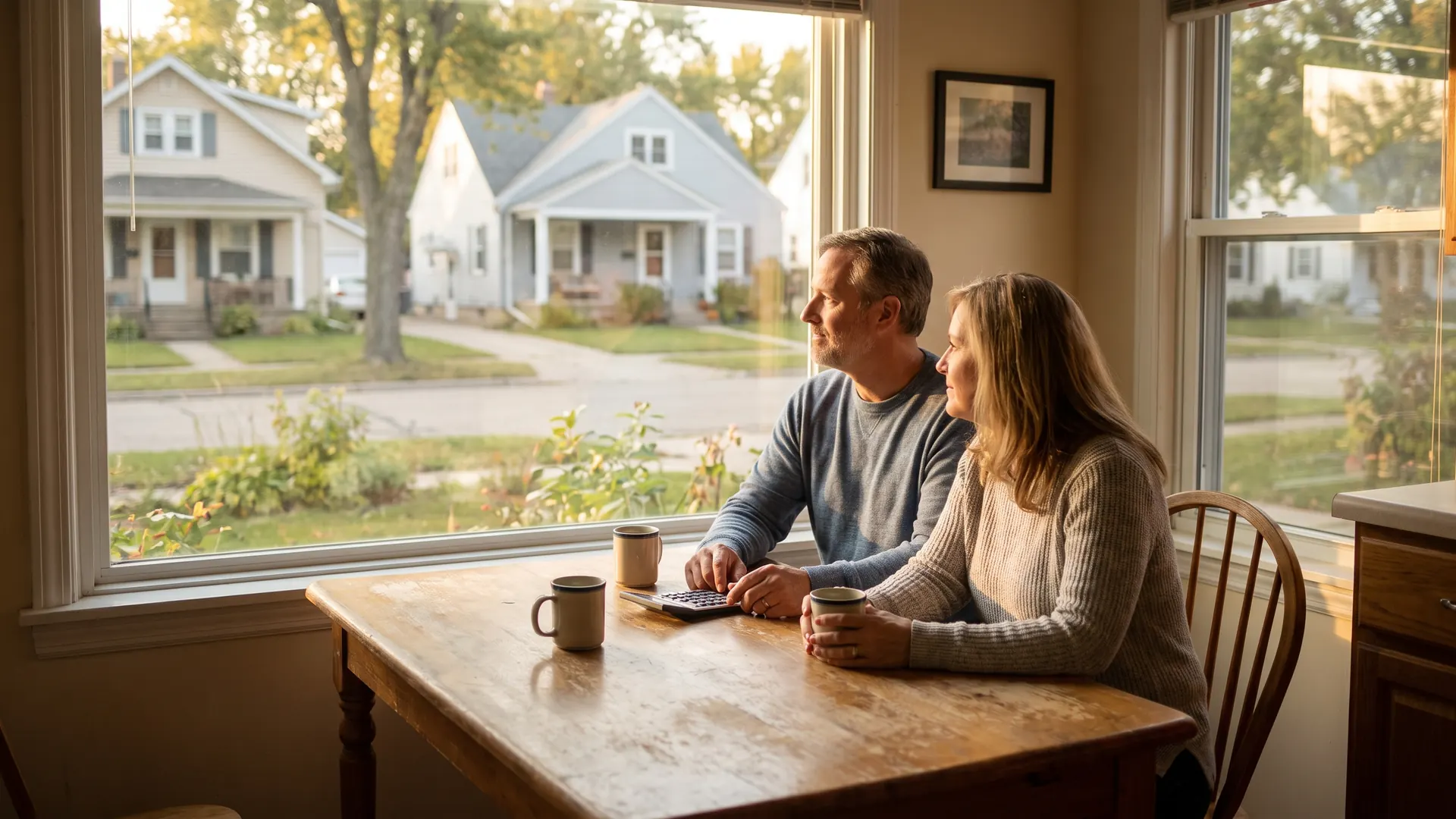 Couple at a kitchen table running numbers on whether it's a good time to buy a house