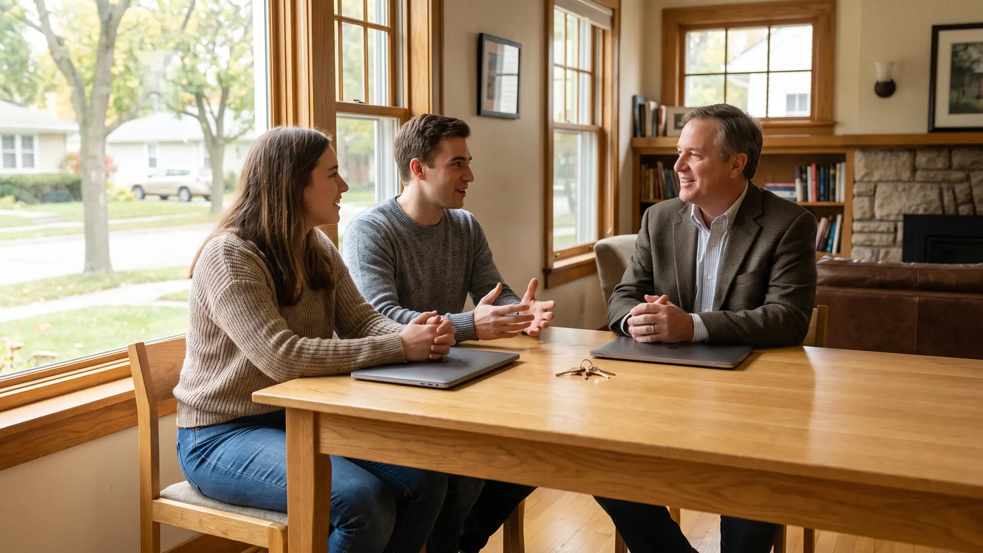 A couple sits across a wooden desk from a mortgage broker whose hands rest on a printed loan document, in a sunlit small-town office