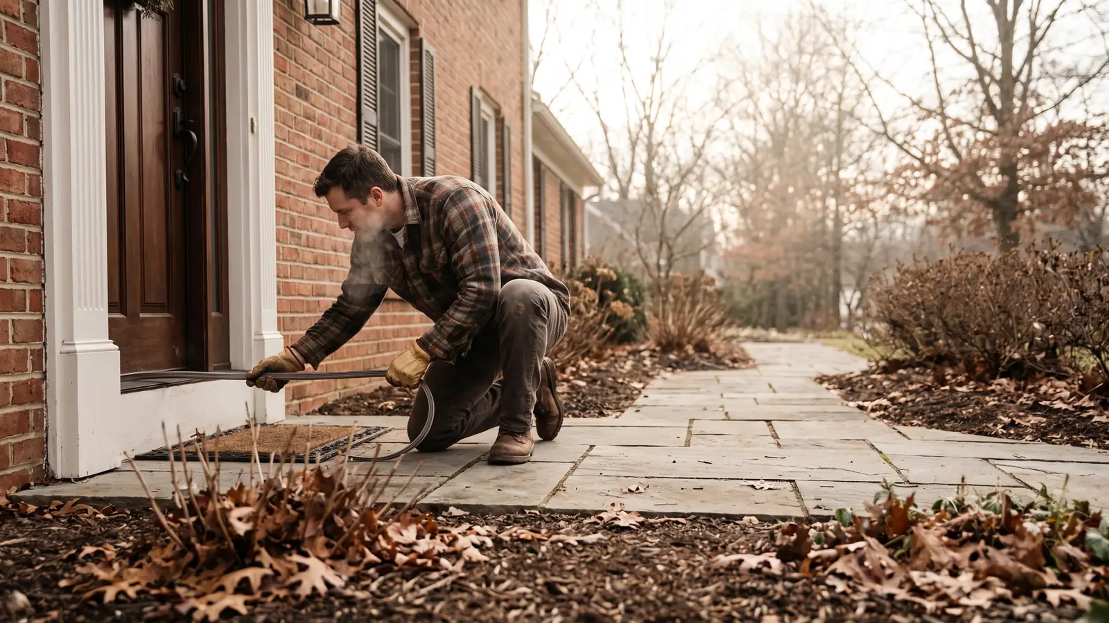 Homeowner applying weatherstripping to a front door while winterizing a brick Midwestern home before the first freeze